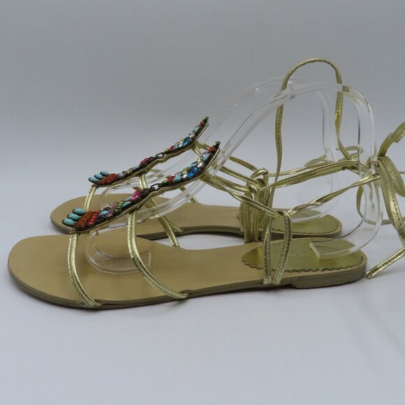 Express Womens 9 Lace Up Gladiator Flat Sandals Multicolor Rhinestone Gems Gold - Picture 5 of 9